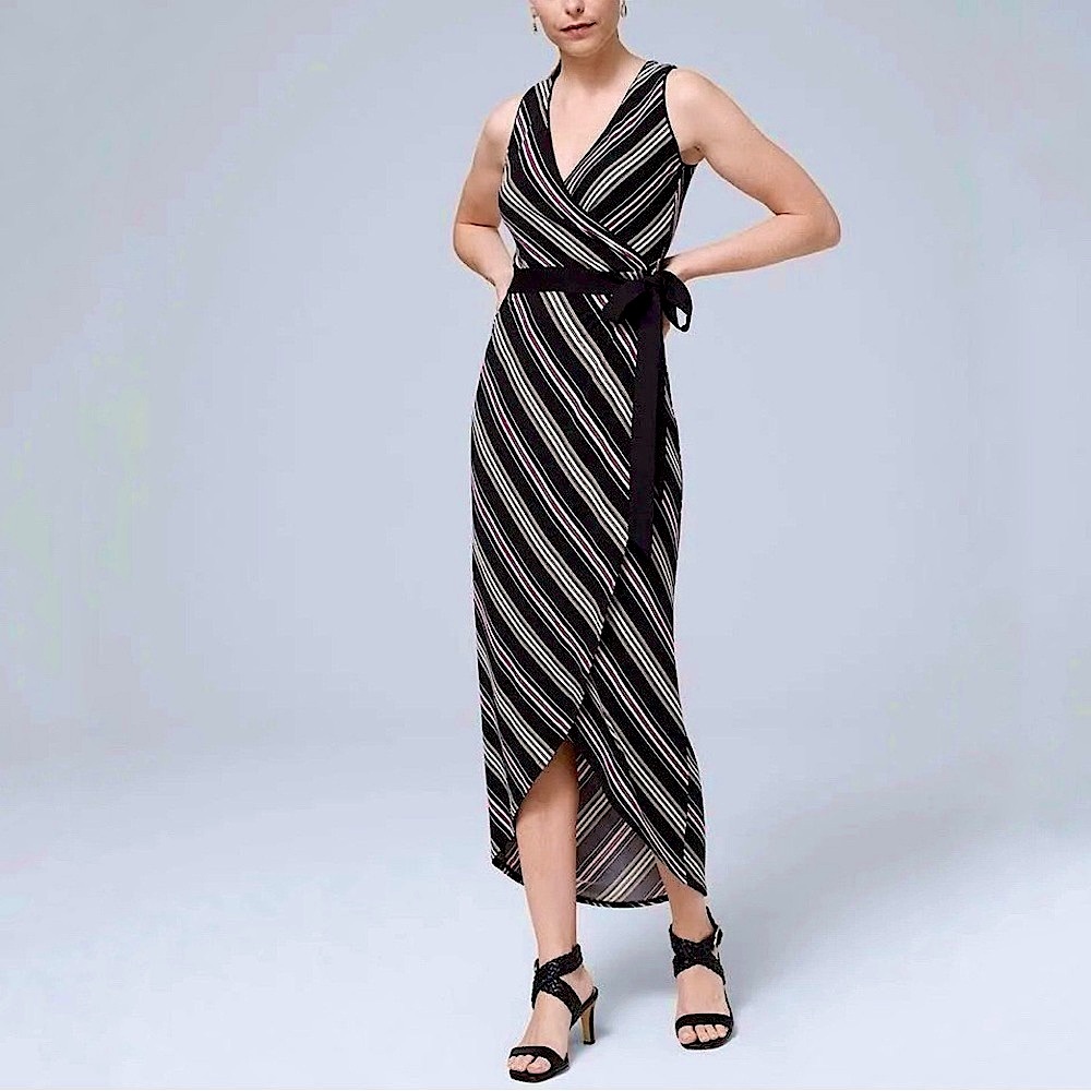 NWT WHITE HOUSE BLACK MARKET Wrap Sandal Maxi Dress Sundry Stripe Black Size XS